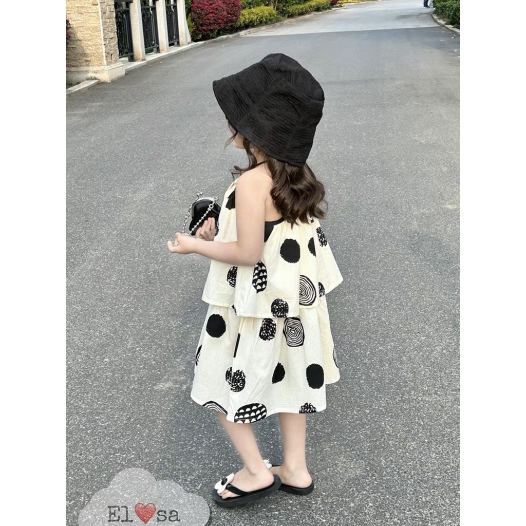 Bộ Áo Yếm+ Chân Váy Màu Be Chấm Bi Đen Dành Cho Bé Gái 8-25kg (1-8 tuổi)