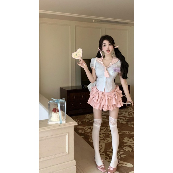 Áo Sơ Mi Tay Ngắn Cổ Thủy Thủ Dáng Ôm Phối Màu Tương Phản Dễ Thương Thời Trang Cho Bạn Gái