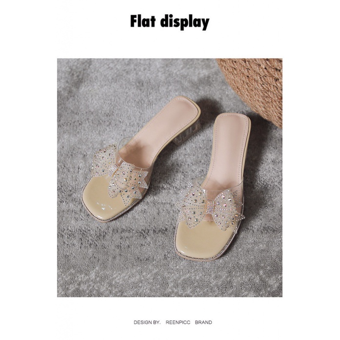 Duoya Tóc Thẳng ~ [Hàng Có Sẵn] Dép Cao Gót Đính Đá Pha Lê Trong Suốt Hình Nơ Dành Cho Nữ Mang Ngoài Trời Miễn Phí Vận Chuyển