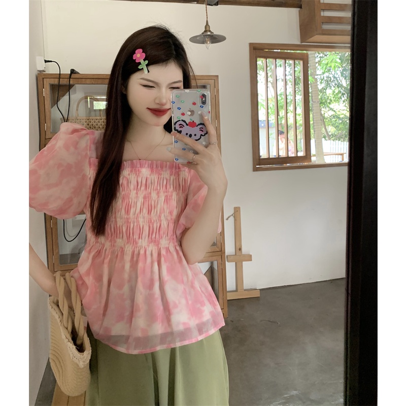 Áo Kiểu Tay Ngắn Cổ Vuông In Họa Tiết Hoa Thời Trang Mùa Hè Xinh Xắn Cho Nữ