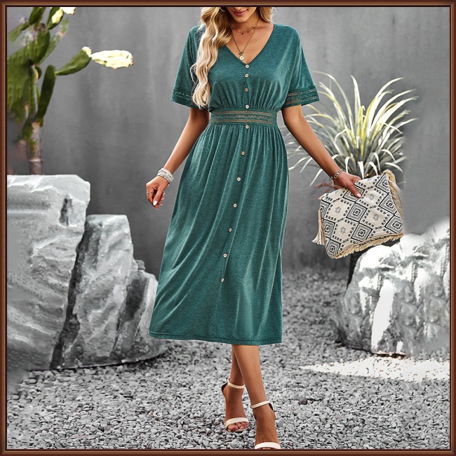 Đầm Midi Chữ A Tay Ngắn Cổ Chữ V Màu Trơn Thiết Kế Đơn Giản Thanh Lịch Thời Trang Mùa Hè Dành Cho Nữ