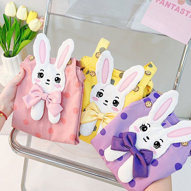 Set Áo Thun Dài Tay Hình Thỏ + Quần Yếm Chấm Bi Xinh Xắn Thời Trang Mùa Xuân Thu Dành