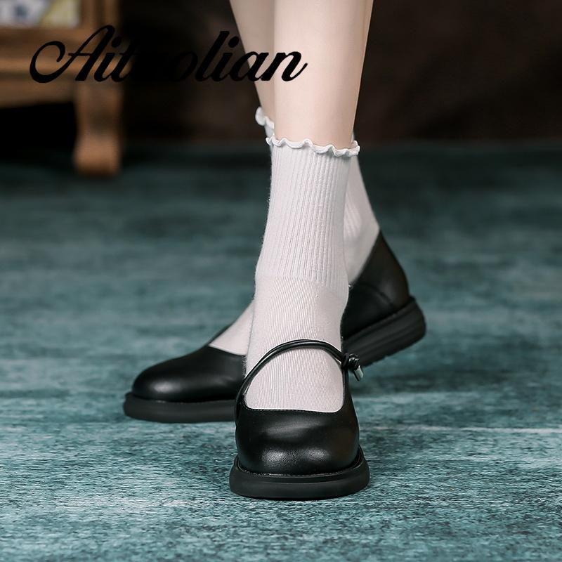 Giày Búp Bê Da Thật Mũi Tròn 3cm Phong Cách Lolita Đơn Giản Thời Trang Cho Nữ