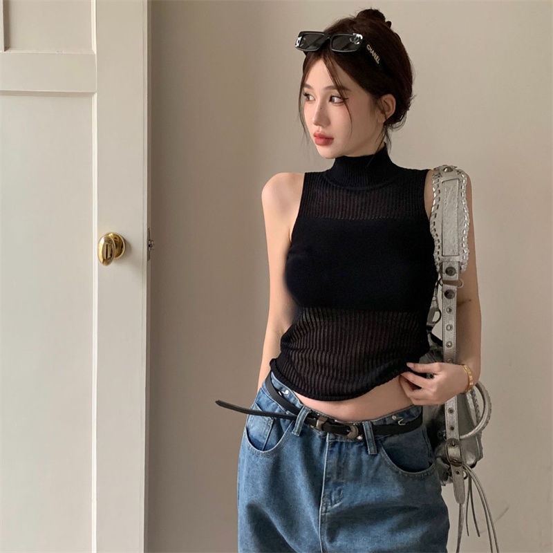 COZOK Áo Dệt Kim Sát Nách Cổ Cao Phong Cách vintage