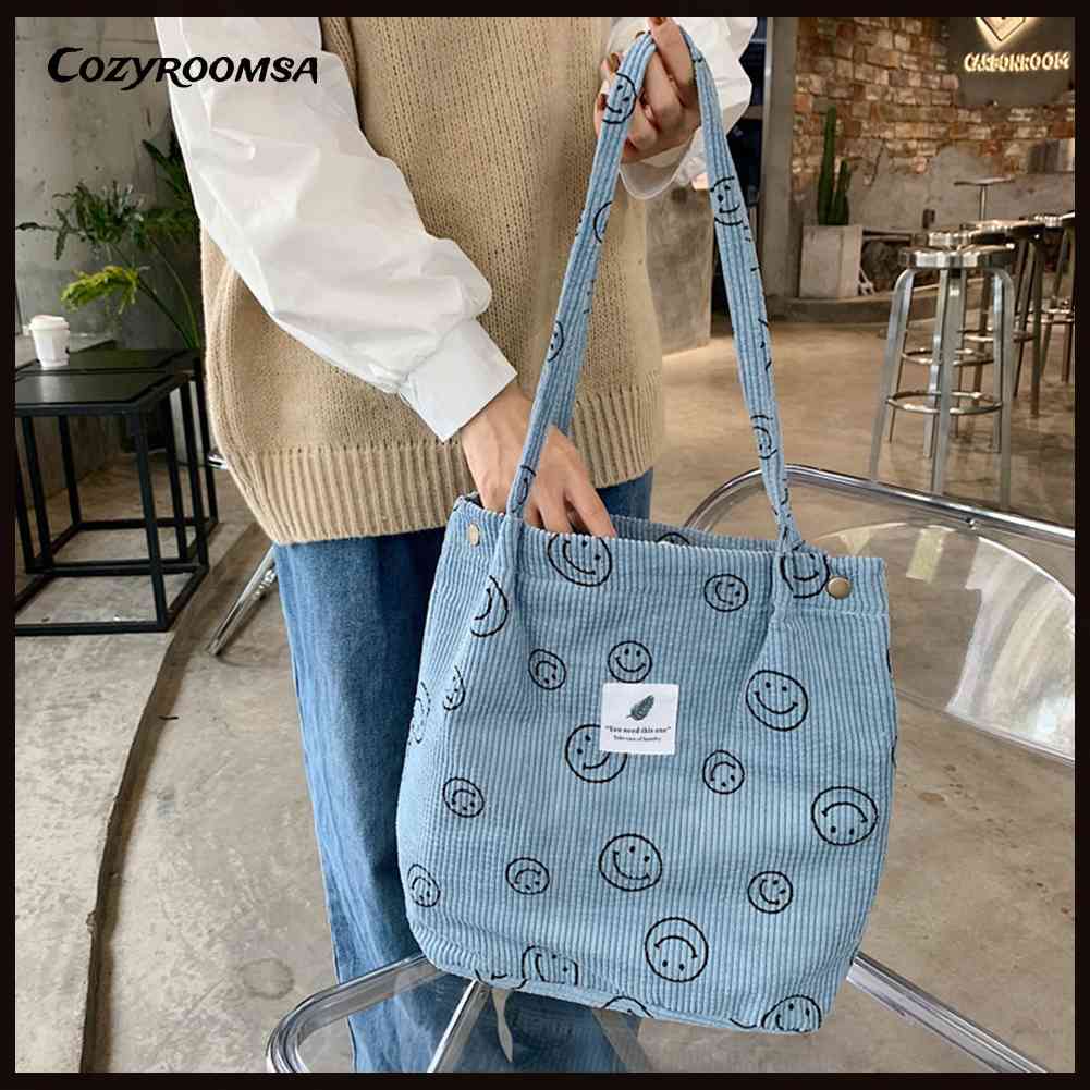 Túi Xách Tote Vải Nhung Kẻ Retro Hình Mặt Cười Dễ Thương Cho Nữ Sinh