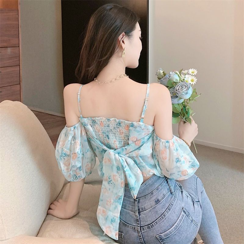 IELGY   Áo Sơ Mi Mỏng Tay Ngắn Phồng Phong Cách Pháp Cổ Điển Thời Trang Cho Nữ