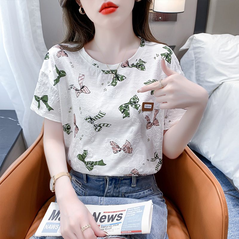 Áo Thun Cotton Ngắn Tay Cổ Tròn Dáng Rộng In Hình Thời Trang Mùa Hè 2023 Mới