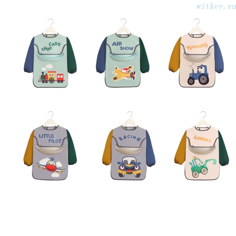 Yếm Ăn Tay Dài Chống Nước In Họa Tiết Hoạt Hình Có Thể Điều Chỉnh Cho Bé