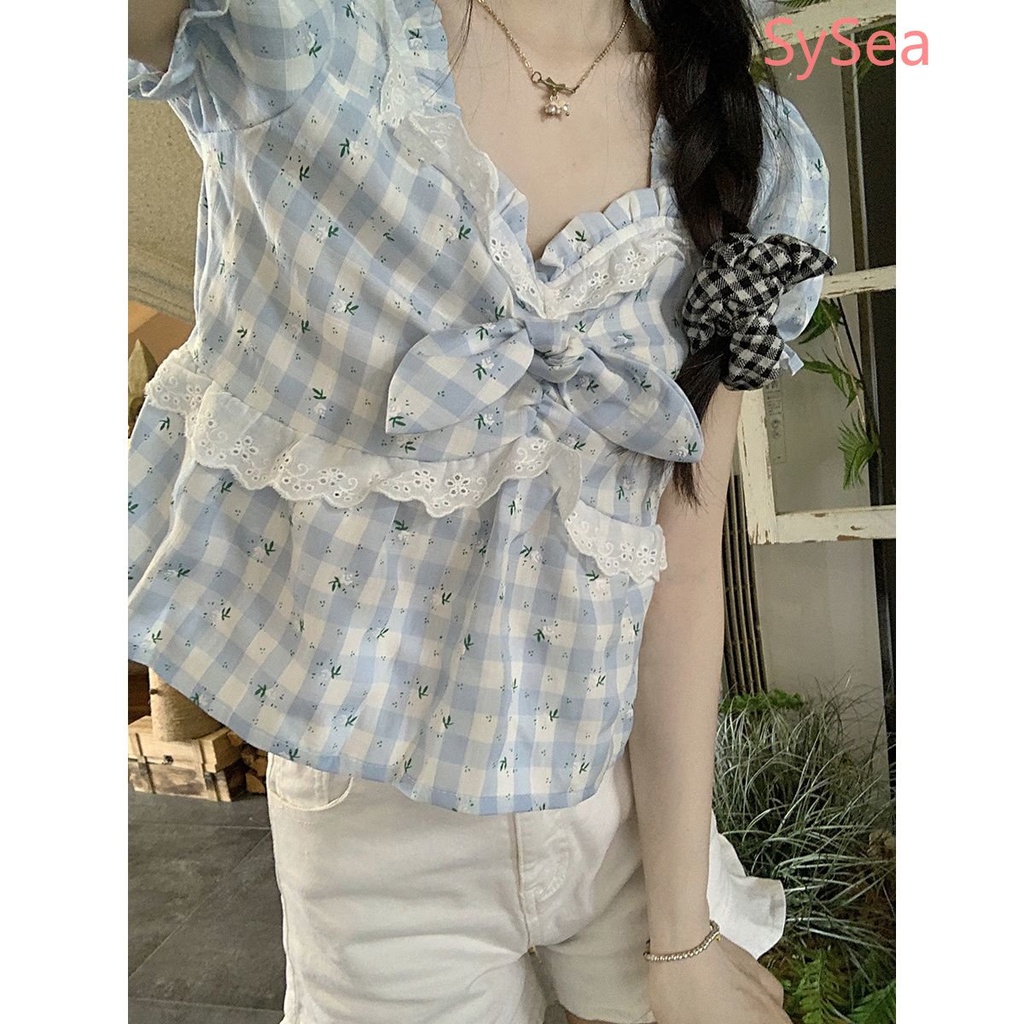 Áo Kiểu Cổ Vuông Họa Tiết Sọc Caro Đính Nơ Thời Trang Mùa Hè Cho Nữ