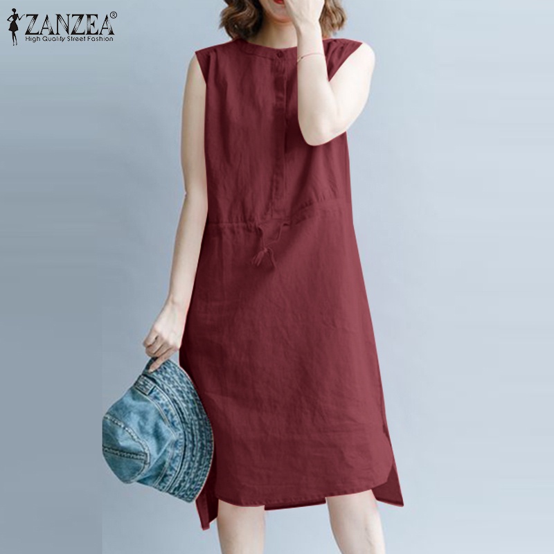 Zanzea Đầm Nữ Cộc Tay Cổ Tròn Dây Rút Thời Trang Hàn