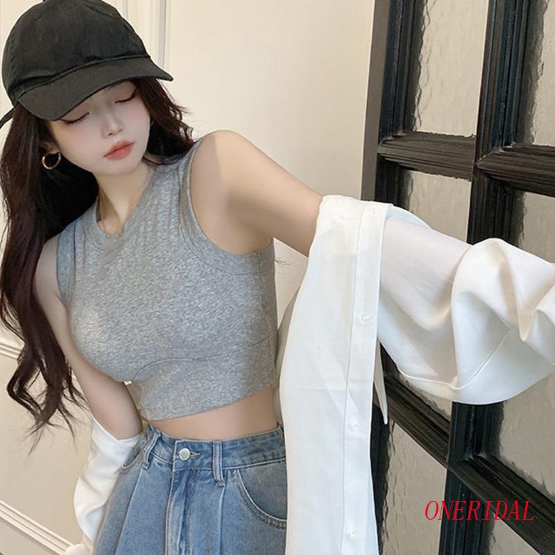 Áo Hai Dây Cổ Tròn Có Mút Đệm Mỏng Màu Trơn Dành Cho Nữ