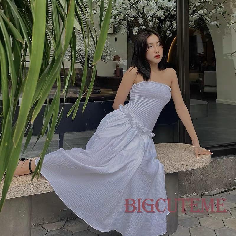 [] - Đầm Dài Dáng Chữ A Hở Lưng Cổ Thuyền Hở Lưng Nhún Bèo Màu Trơn Thời Trang Mùa Hè Dự Tiệc Cho Nữ