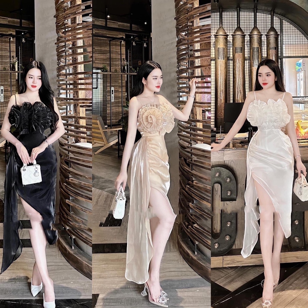 Đầm body xẻ tà đi tiệc chất tơ kính xếp hoa có đệm vòng 1 và bo chun sau viền lưng freesize A311 KimHoa77