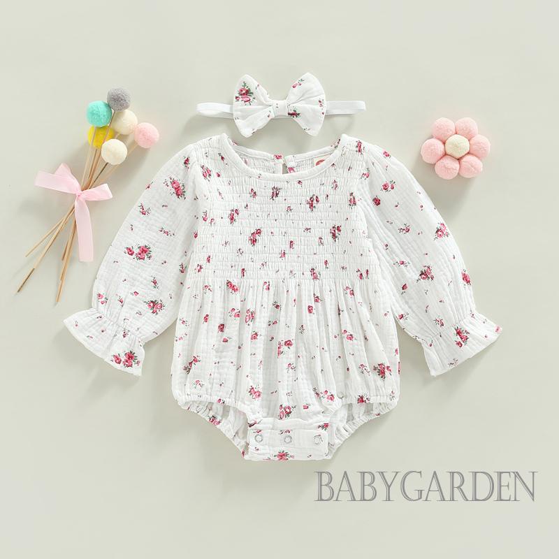 Bộ Áo Liền Quần Tay Dài In Hoa + Băng Đô Xinh Xắn Cho Bé Gái 0-24 Tháng Tuổi