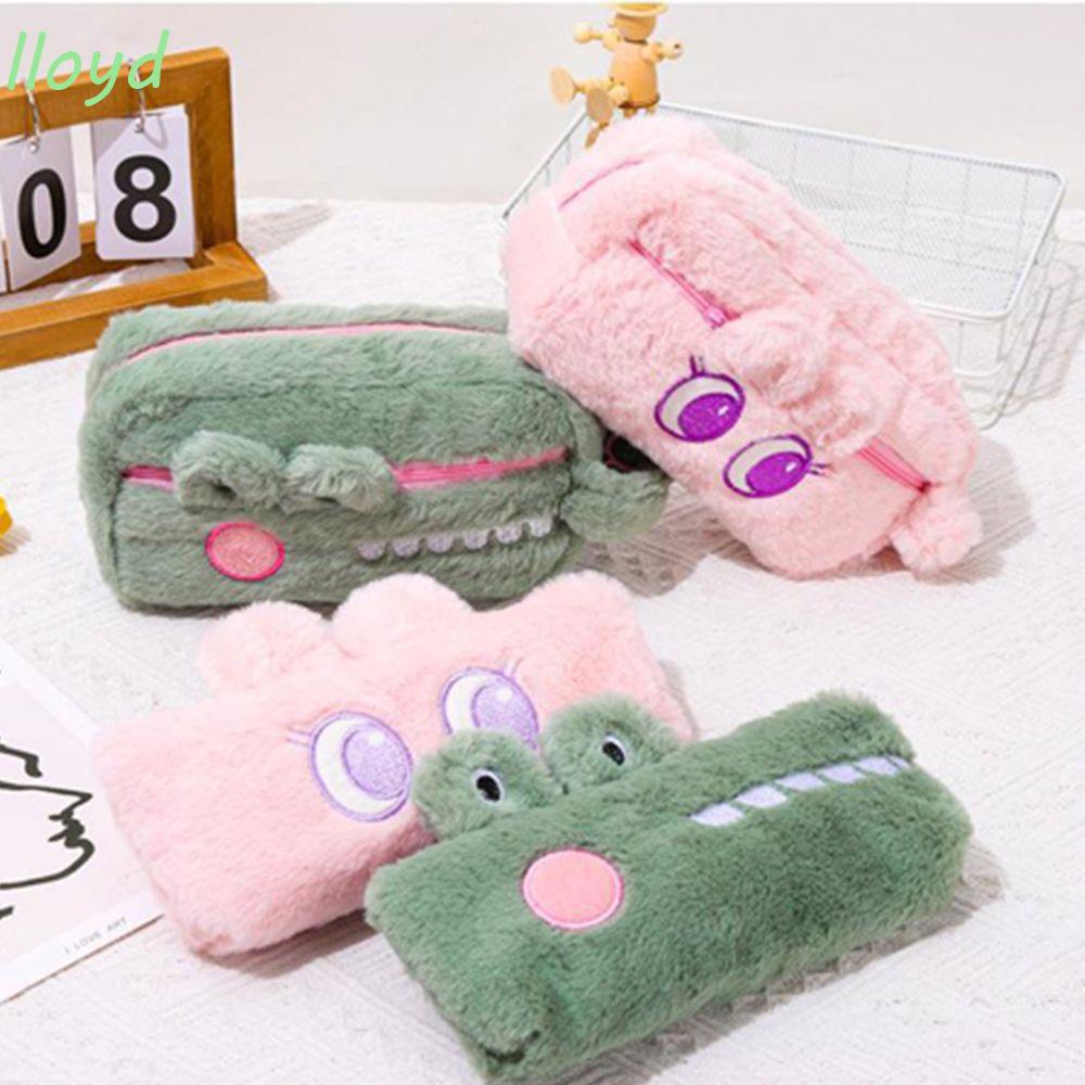 Túi Đựng Bút Hình Cá Sấu / Thỏ Hoạt Hình Phủ Lông Xù Đáng Yêu Sáng Tạo Có Khóa Kéo