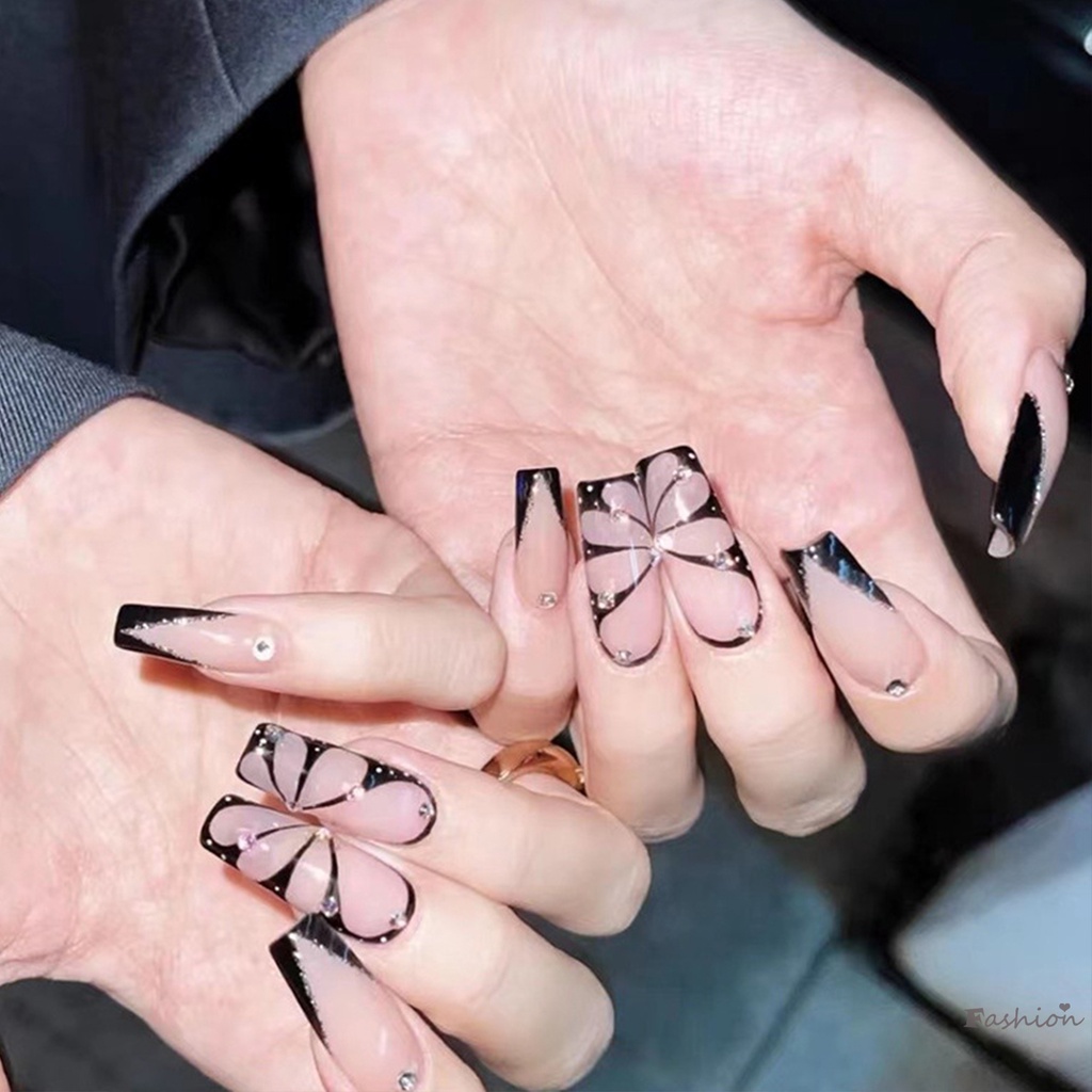 Móng Tay Giả Hình Vuông Họa Tiết Bướm Màu Tối Dễ Thương