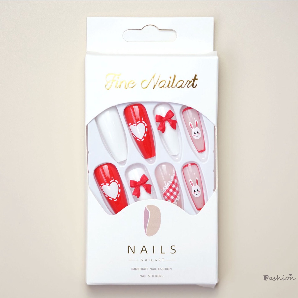 Móng Tay Giả Hình Thỏ Thắt Nơ Đỏ Dễ Thương