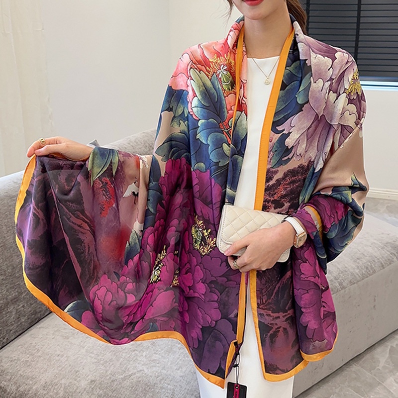 Khăn Quàng Cổ Chống Nắng Bằng Lụa Cỡ Lớn 180 * 90CM In Họa Tiết Hoa Mẫu Đơn Sang Trọng Cho Nữ