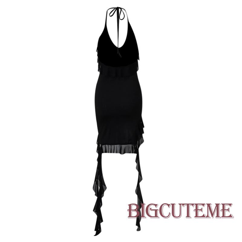 Đầm Midi Hai Dây Cổ Chữ V Màu Đen Trơn Thời Trang Cho Nữ