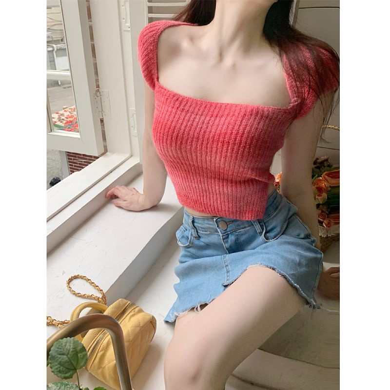 COZOK Áo Thun Dệt Kim Ngắn Tay Cổ Vuông Màu Sắc Tương Phản Thời Trang