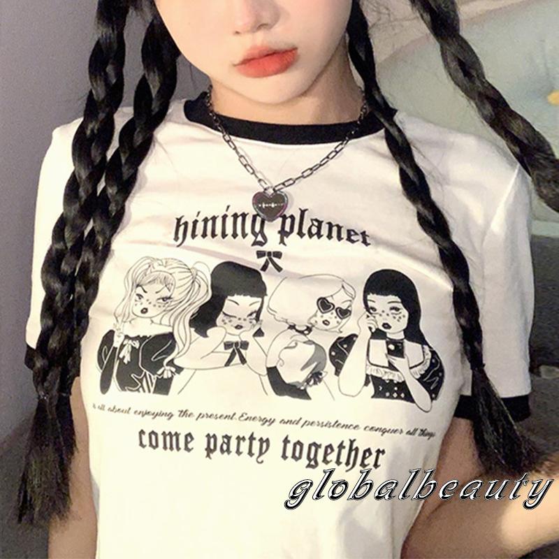 Áo Thun Crop Top Tay Ngắn Cổ Tròn In Họa Tiết Hoạt Hình Thời Trang Mùa Hè Cho Nữ