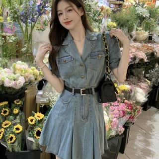 Đầm Denim Ngắn Tay Ôm Eo Phối Thắt Lưng Thời Trang Mùa Hè Dành Cho Nữ