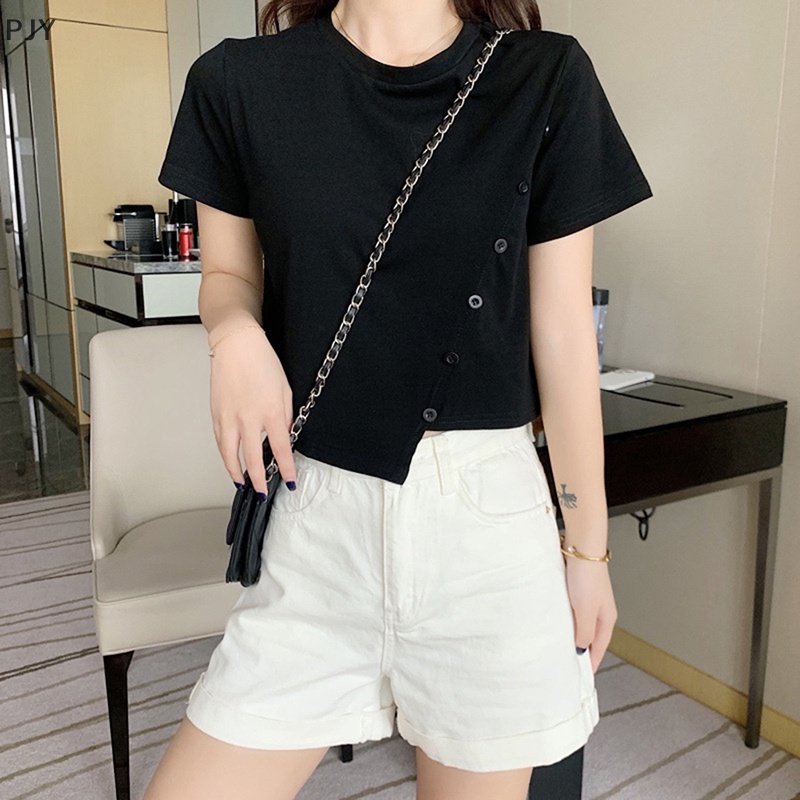 Áo Thun Crop Top Tay Ngắn Màu Trơn Cài Nút Thời Trang Mùa Hè Xinh Xắn Cho Nữ