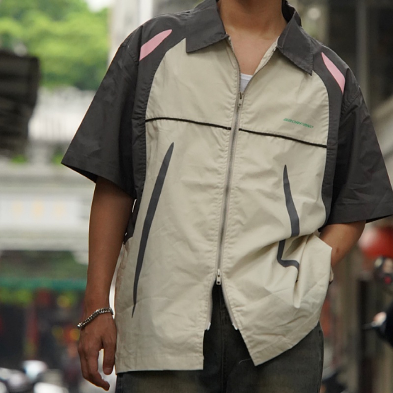 Áo Sơ Mi Tay Ngắn Dáng Rộng Có Khóa Kéo Đôi Màu Sắc Tương Phản Phong Cách Đường Phố Mỹ Cá Tính Cho