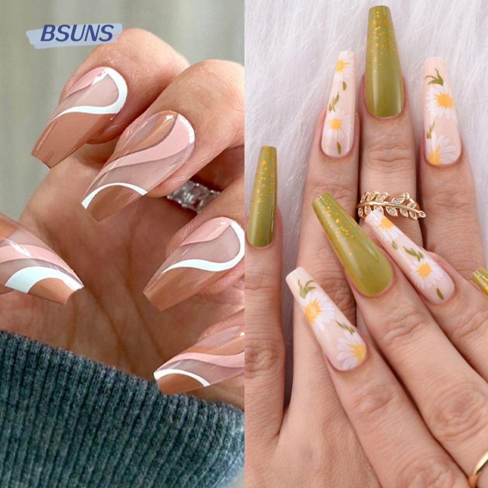Set 24 Móng Tay Giả Có Thể Tháo Rời DIY|Vỏ Bọc Bảo Vệ Toàn Diện Họa Tiết Lá Lượn Sóng Phong Cách Pháp
