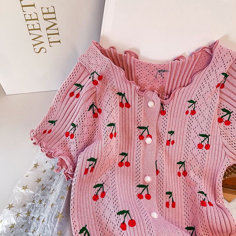 Áo Cardigan Dệt Kim Tay Ngắn In Họa Tiết Cherry Thời Trang Mùa Hè Cho Nữ