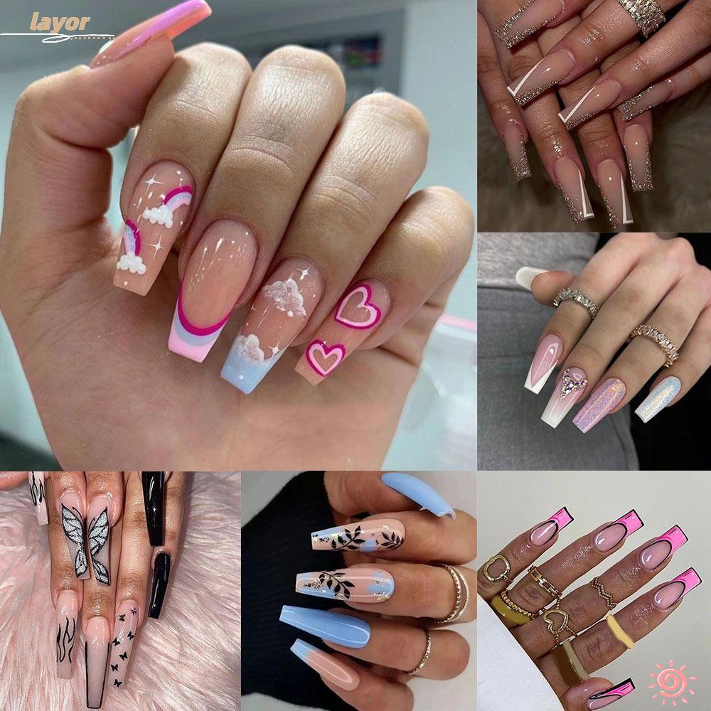 Set 24 Móng Tay Giả Che Phủ Toàn Diện Họa Tiết Bướm