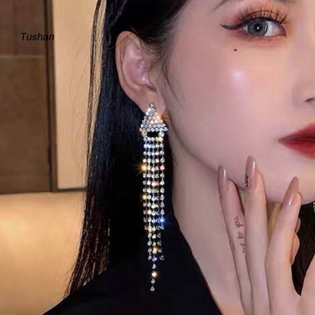 1 Đôi Bông Tai Tua Rua Nhiều Lớp Đính Đá Lấp Lánh