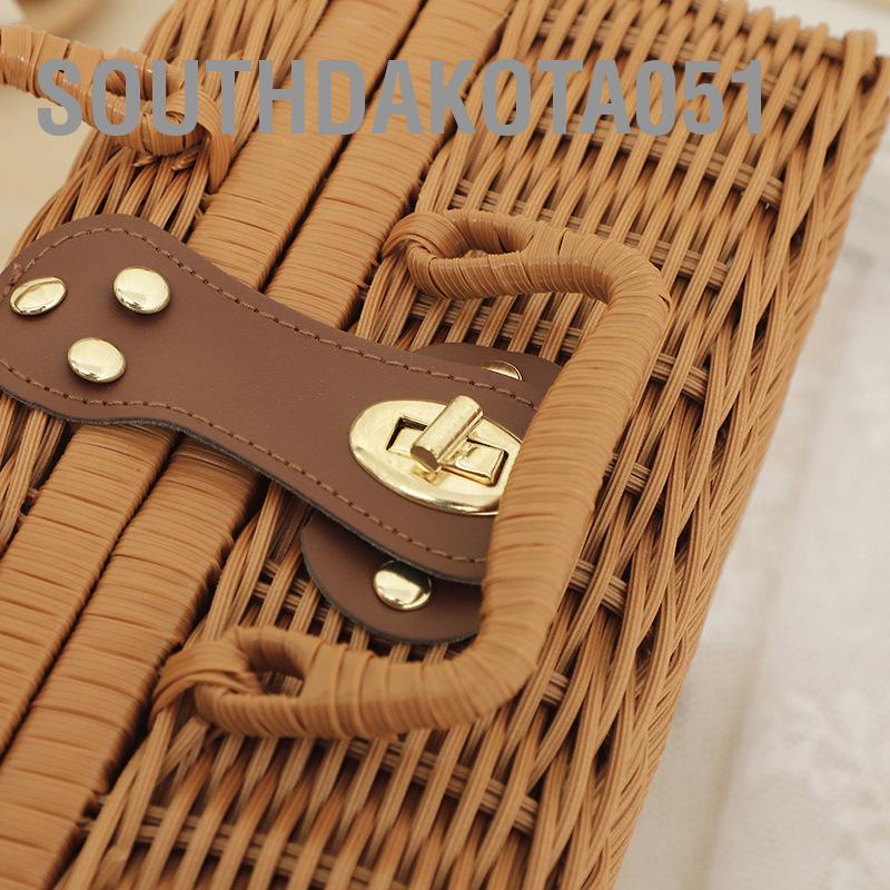 Southdakota051 Hộp dã ngoại dệt bằng mây nhựa lưu trữ kiểu cổ điển không mùi có tay cầm hình vòng cho ngoài trời