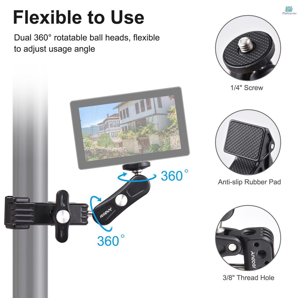 Andoer Super Clamp Mount Camera Mount Flexible Monitor Mount with Dual 360° Rotatable Ball Head 1/4 Inch &amp; 3/8 Inch Threads Replacement for   11/10/9/8 DSLR Cameras Smartphone