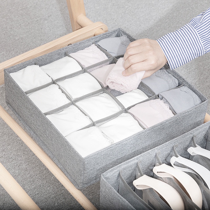 (Giặt được) Hộp đựng đồ lót tất vớ, chia ô thang, vải Oxford, khung tấm PP đứng form vải