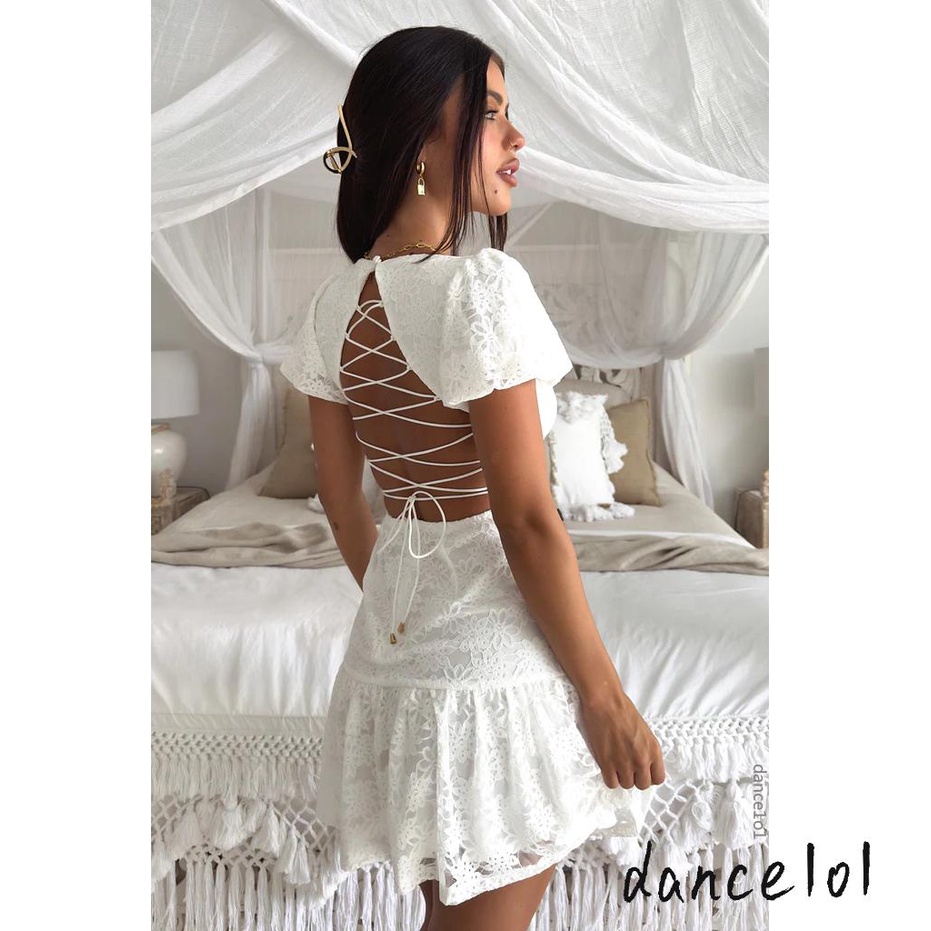 Đầm Ren Tay Ngắn Cổ Vuông Dáng Chữ A Nhảy Múa 1O1