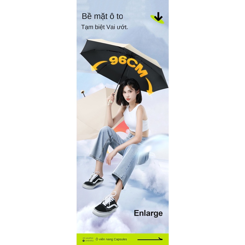 Ô năm lần sáu xương siêu nhẹ hộp gương viên nang ô dù cao su đen chống nắng