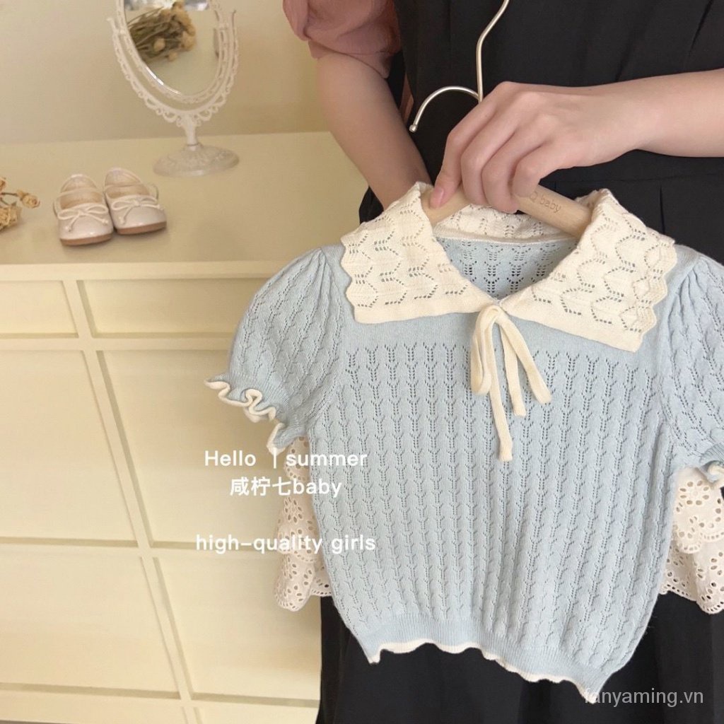 Bộ Áo Cotton Dệt Kim Tay Ngắn Phối Ren + Quần Short Thời Trang Mùa Hè Mới 2023 Cho Bé Gái QLZ1