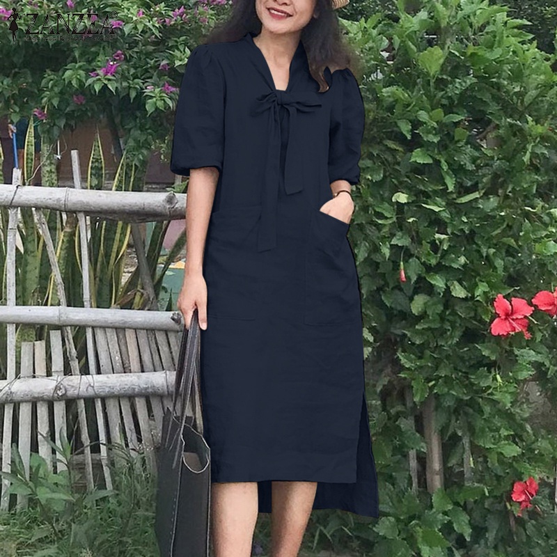 ZANZEA Đầm Nữ Tay Lửng Cổ Chữ V Thắt Dây Thời Trang Hàn Quốc
