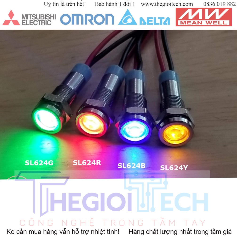 Đèn báo tín hiệu 12-24V, phi 6mm vỏ inox, màu xanh dương, xanh lá, đỏ và vàng - SL624x (x=R/G/B/Y) - Vàng - 220V