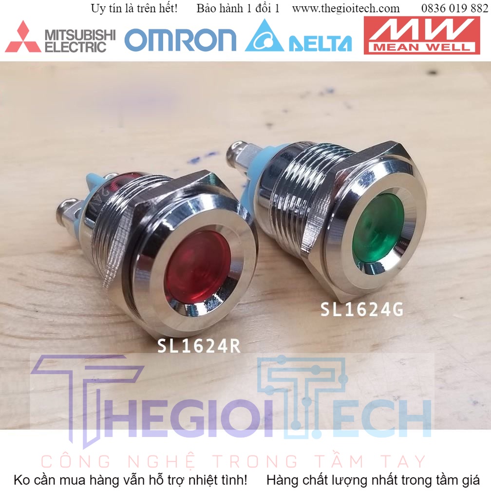 Đèn LED báo nguồn, báo tín hiệu vỏ kim loại, phi 16mm, điện áp 24V - Xanh lá
