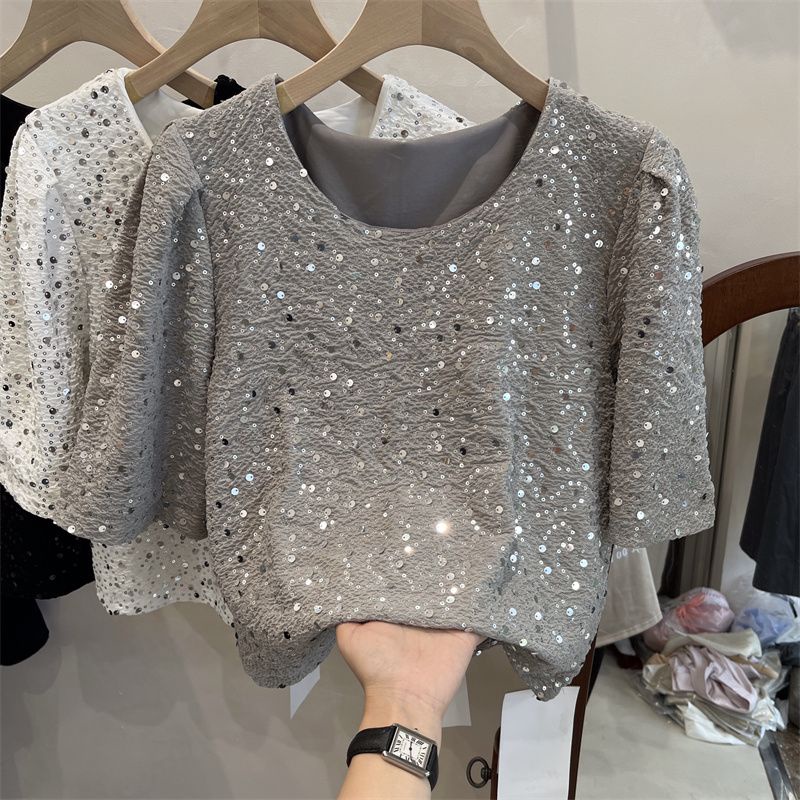 Hàng Châu Âu Áo Sơ Mi Chiffon Tay Phồng Đính Kim Sa Lấp Lánh Thời Trang Mùa Hè Mới Cao Cấp Ôm Dáng Cho Nữ