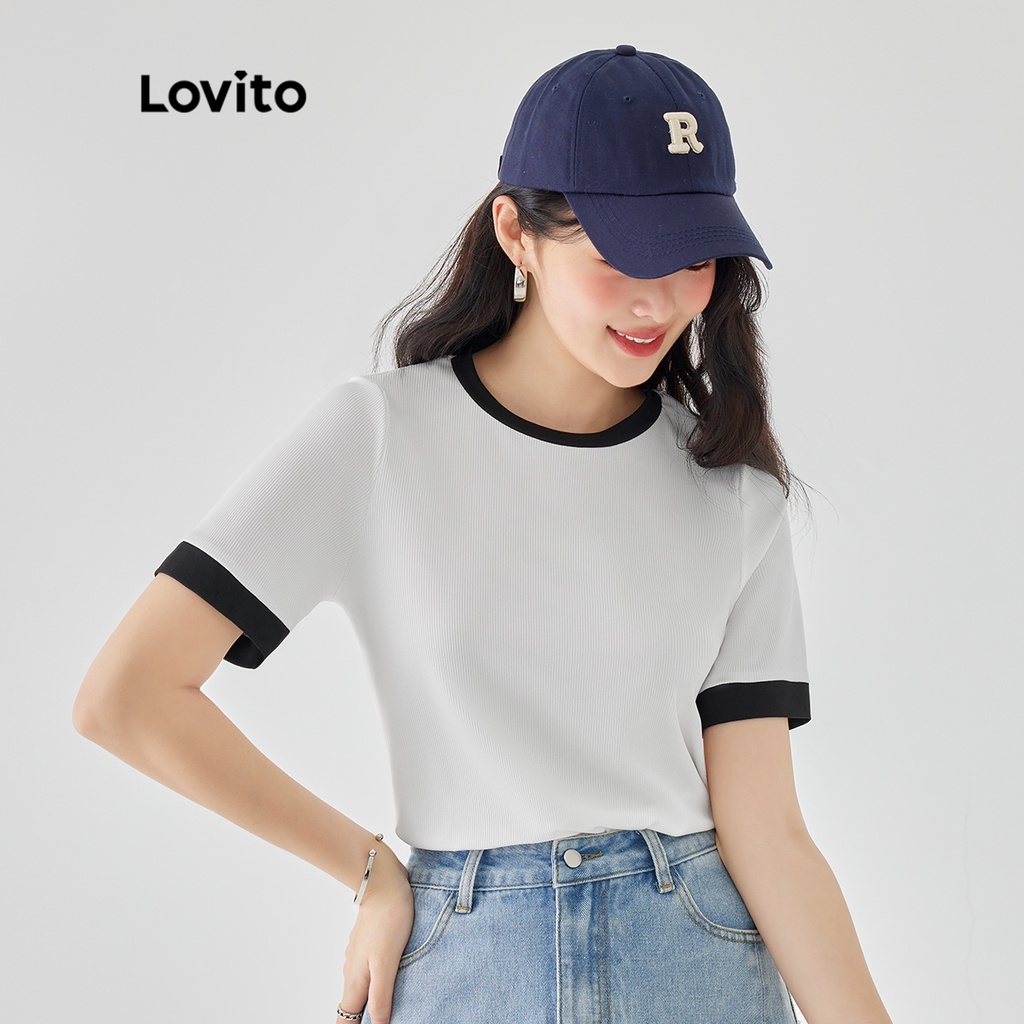 Áo thun nữ Lovito tay ngắn cổ tròn dệt kim sọc gân phối viền tương phản màu trơn thường ngày L49AD015 (Màu trắng nhạt)