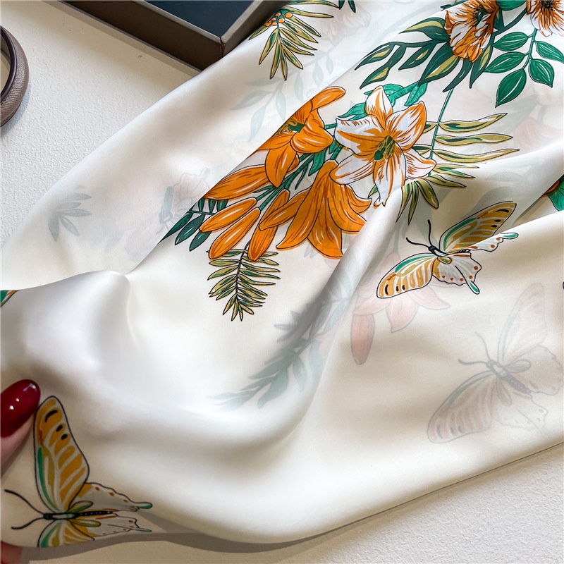 Khăn Choàng Cổ Hình Vuông Cỡ Lớn 110cm Vải Lụa Satin In Họa Tiết Hoa Và Bướm Thời Trang Mùa Hè Dễ Phối Đồ