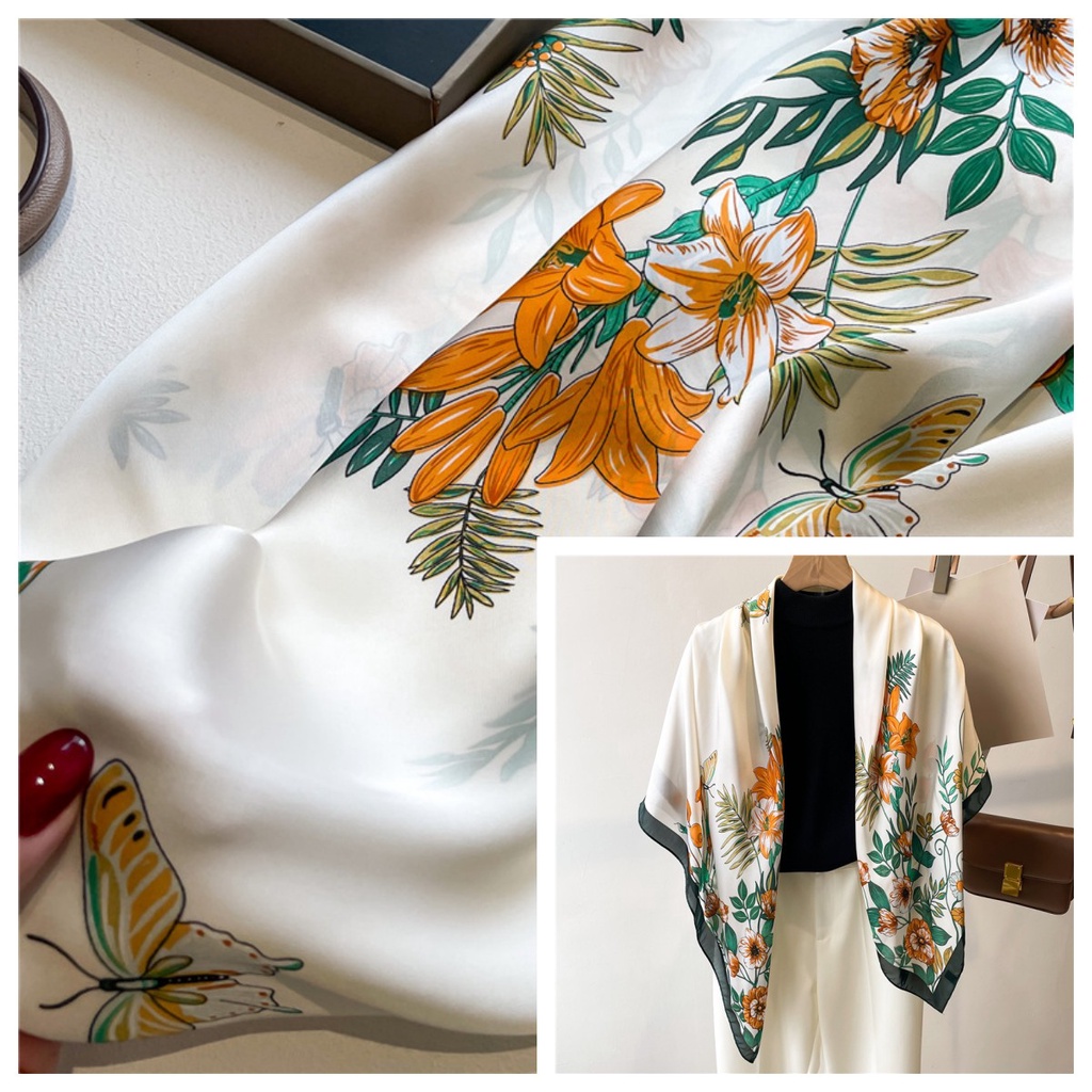 Khăn Choàng Cổ Hình Vuông Cỡ Lớn 110cm Vải Lụa Satin In Họa Tiết Hoa Và Bướm Thời Trang Mùa Hè Dễ Phối Đồ