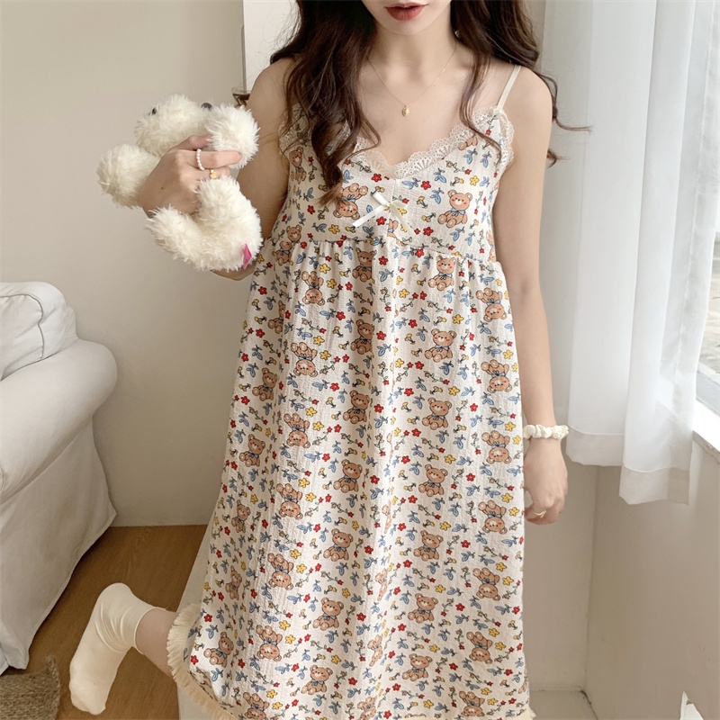 Đầm Ngủ Hai Dây Phối Ren Tua Rua In Hoa Dễ Thương Phong Cách Hàn Quốc Thời Trang Mùa Hè Cho Nữ
