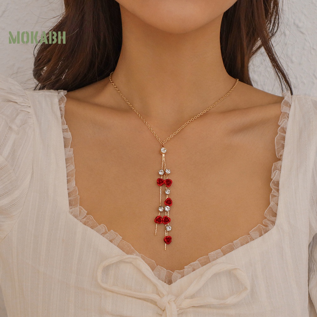 1 Bộ Vòng cổ Và Bông Tai Dáng Dài Đính Đá Màu Đỏ Tương Phản Thời Trang Dành Cho Nữ