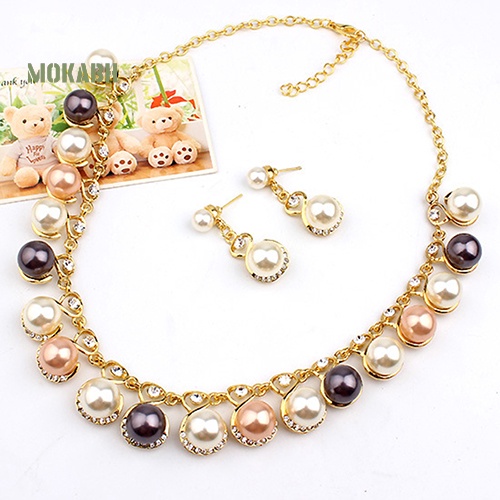 Bộ Vòng cổ + Bông Tai Đính Ngọc Trai Nhân Tạo + Đá Sang Trọng Cho Nữ