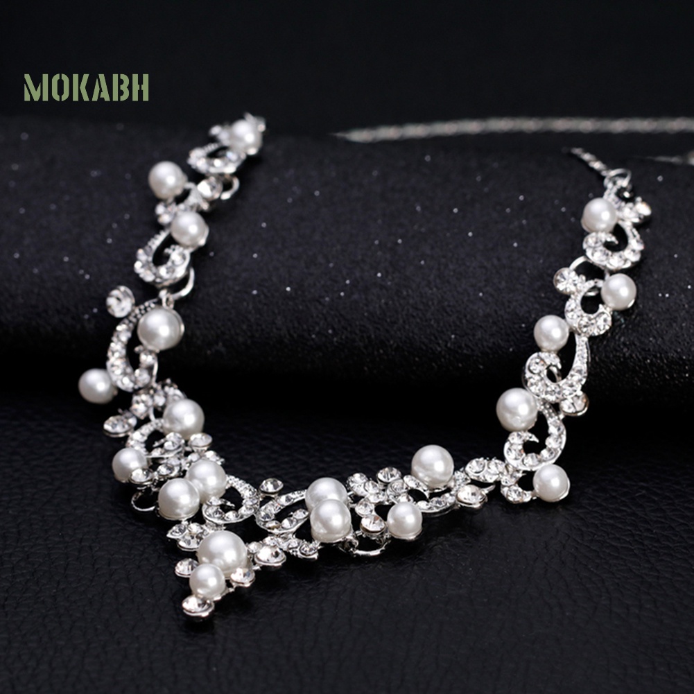 Bộ Vòng cổ + Bông Tai Đính Đá &amp; Ngọc Trai Giả Bằng Hợp Kim Thời Trang Cho Nữ