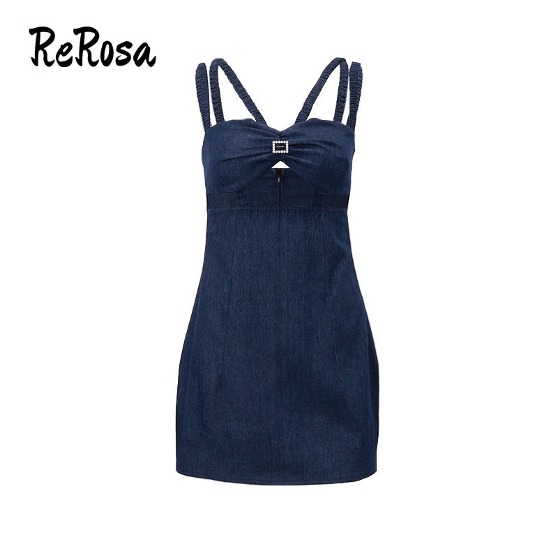 Rerosa Đầm Denim Hai Dây Quấn Ngực Thời Trang 2023 Cho Nữ